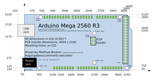 Arduino Mega - Foot print including Pins and holes arduino_mega_drawing